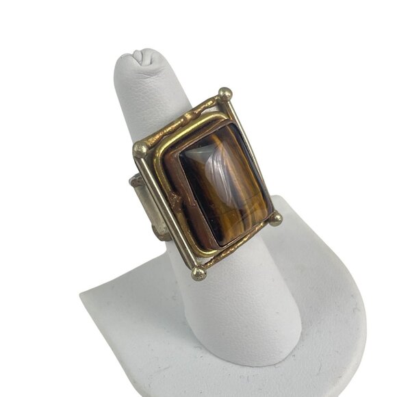 Vintage Gold-Plated Statement Ring With Rectangular Tigers Eye Gemstone & Adjust - Picture 8 of 9